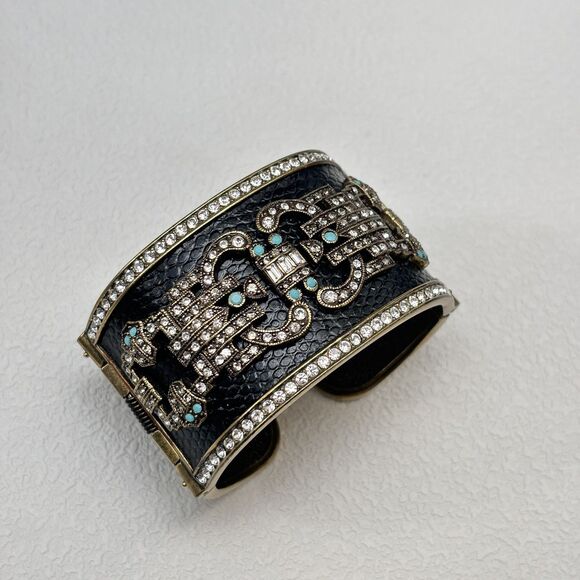 Heidi Daus Art Deco Wide Cuff Bracelet Black Leather Look Rhinestone Turquoise - Picture 1 of 10